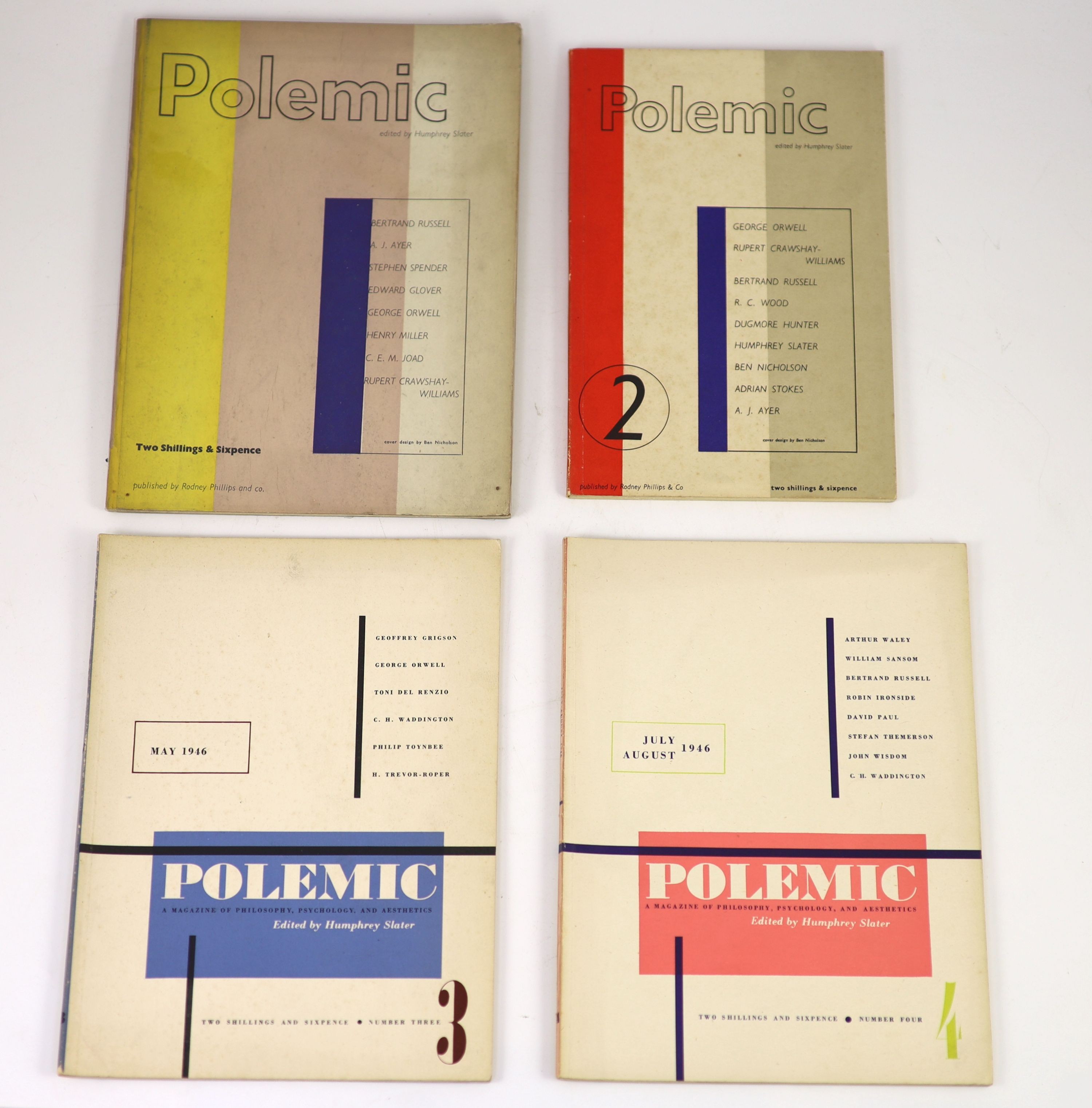 Slater, Humphrey - Polemic: A Magazine of Philosophy, Psychology, and Aesthetics, issues 1-8, [all pbd], with contributions by George Orwell, Bertrand Russell, Ben Nicholson, Dylan Thomas and others, 4to, vol. 1 stiff ca